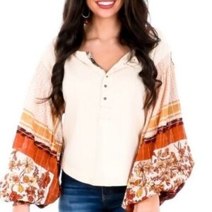 Free People Light Magic Henley Top Vanilla Creme Boho Floral XS $98